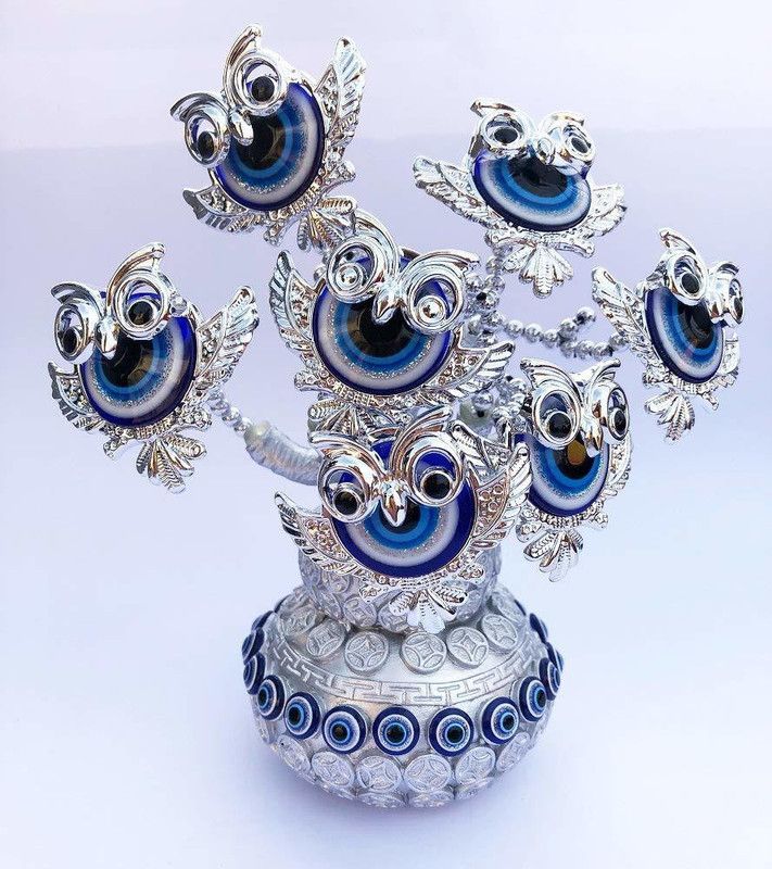 BENOJ Vastu Feng Shui Owl Evil Eye Tree Decorative Showpiece - 13 cm  (Polyresin, Silver)