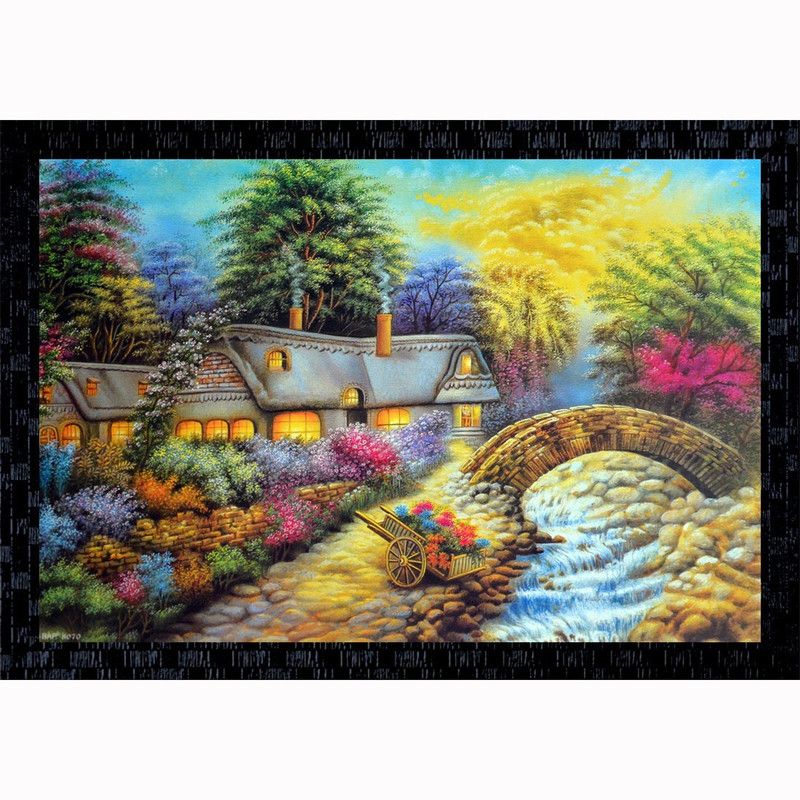 Janki Beautiful House in Flowers Garden Nature Scene Decorative Wall Painting For Home Canvas 14 inch x 20 inch Painting  (With Frame)