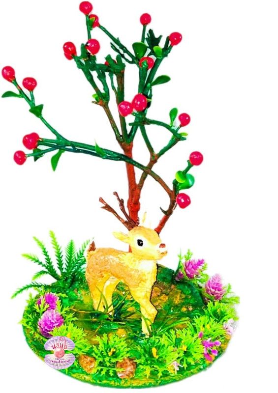 USUB Creations Deer/ Fawn under the cherry tree Decorative Showpiece - 18 cm  (Clay, Wood, Multicolor)
