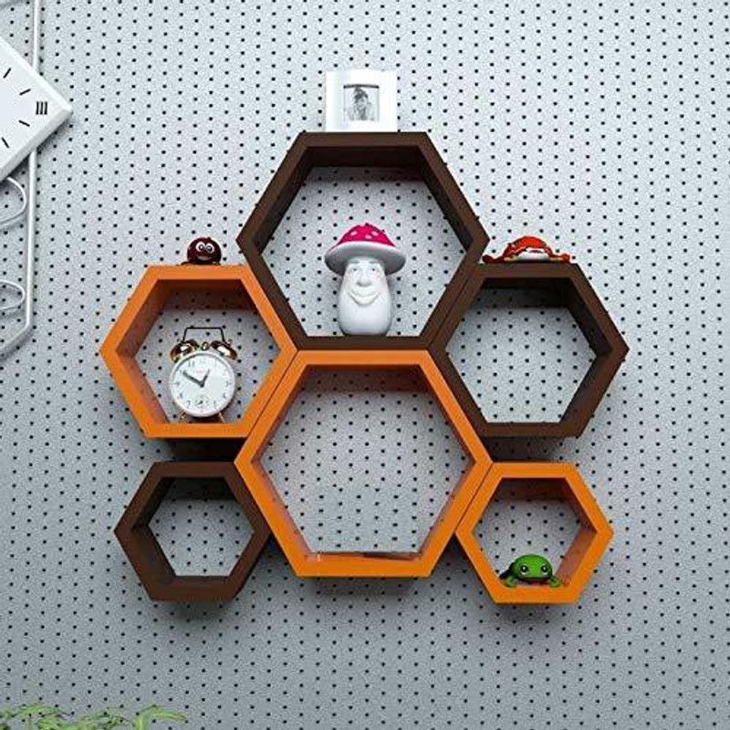 Maaz Handicrafts Hexagon Shape Storage Wall Shelves Rack Brown And Orange Set Of 6 For Home MDF (Medium Density Fiber) Wall Shelf  (Number of Shelves - 6, Brown, Orange)