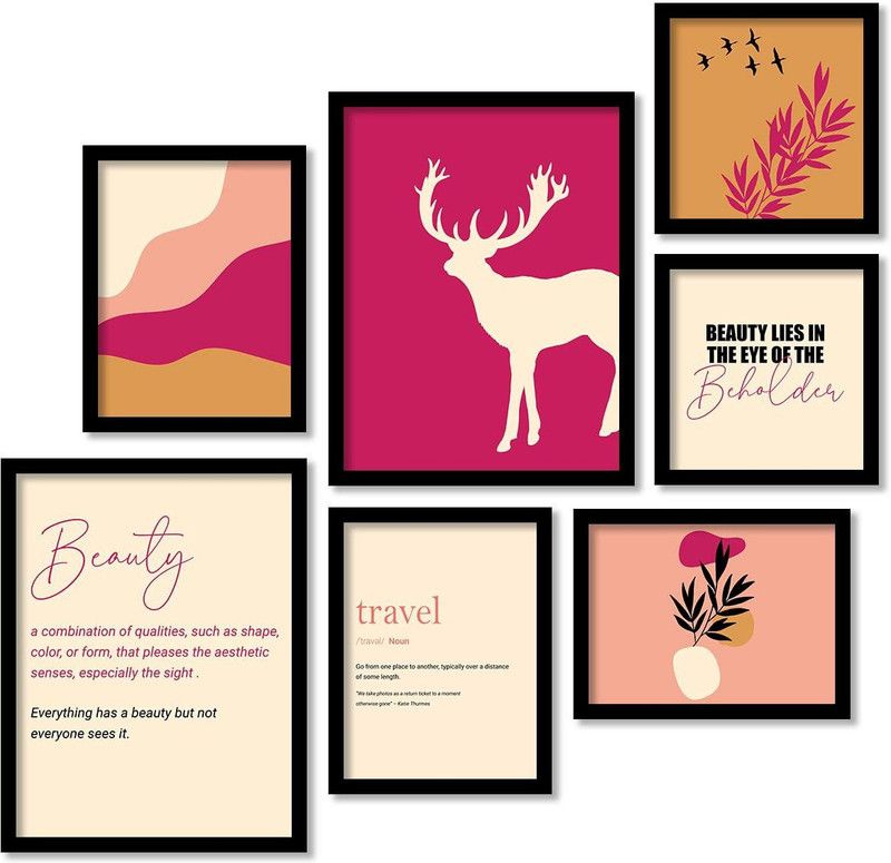 Modern Wall Art Décor Paintings for Home Decoration Bedroom Office - Paintings for Living Room - Travel & Beauty Wall Posters With Frame (Set of 7) Paper Print  (19 inch X 14 inch, Framed)