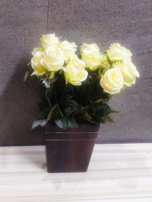 Priceless Deals Yellow Rose Artificial Flower with Pot  (8 inch, Pack of 1, Flower Bunch)