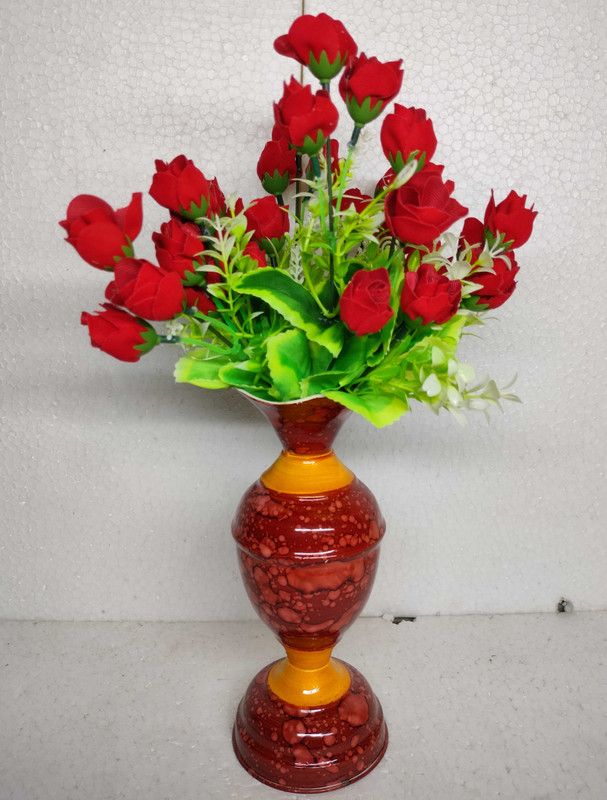 Calcuttabees Bunch of Artificial Velvet Cloth Red Rose Flower Bunch with Pot Multicolor Rose Artificial Flower with Pot  (25 inch, Pack of 1, Flower Bunch)