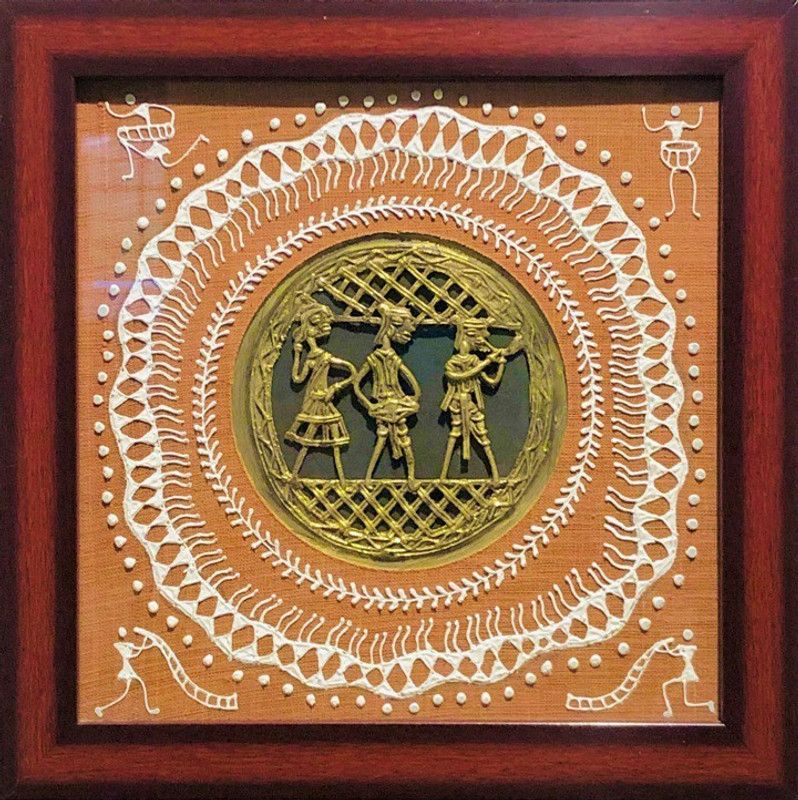 Gallery OIC | Saura Life with Dhokra Brass | Original Hand Painted | Odisha Traditional Painting| Glass Framed| Wall Hanging | Home Decor| Acrylic 12 inch x 12 inch Painting  (With Frame)