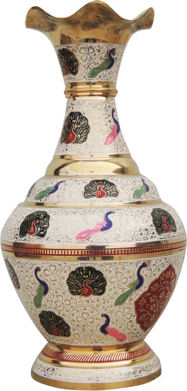 Brass Gift Center Flower Xase Brass Vase  (10.5 inch, White)