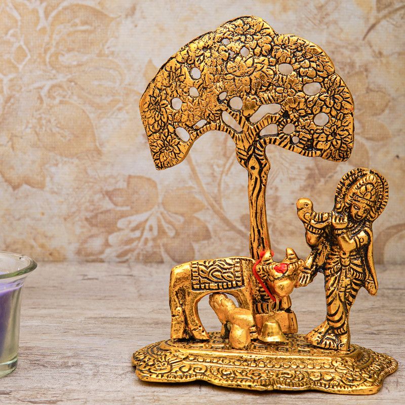 StatueStudio Krishna Statue Play Flute with Cow Kisna Murti Krishan Idol Janmashtami & Gift Decorative Showpiece - 15.24 cm  (Metal, Gold)