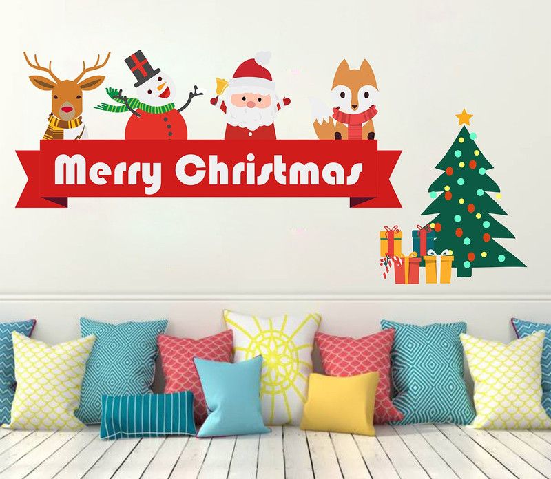Dumdic 80 cm Merry Christmas Multicolor Small Vinyl Wallsticker (80 cm x 30 cm) Self Adhesive Sticker  (Pack of 1)