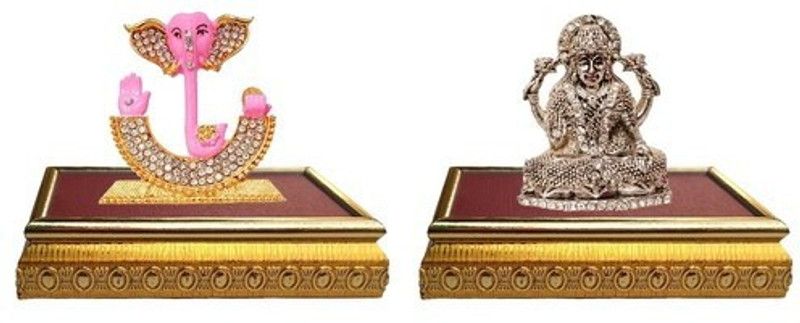 9facts Set of 2 with wooden base God Ganesh Idol Statue & Goddess lakshmi / Laxmi & Idol God Statue Gift Item Decorative Showpiece  Decorative Showpiece - 7 cm  (Brass, Multicolor)