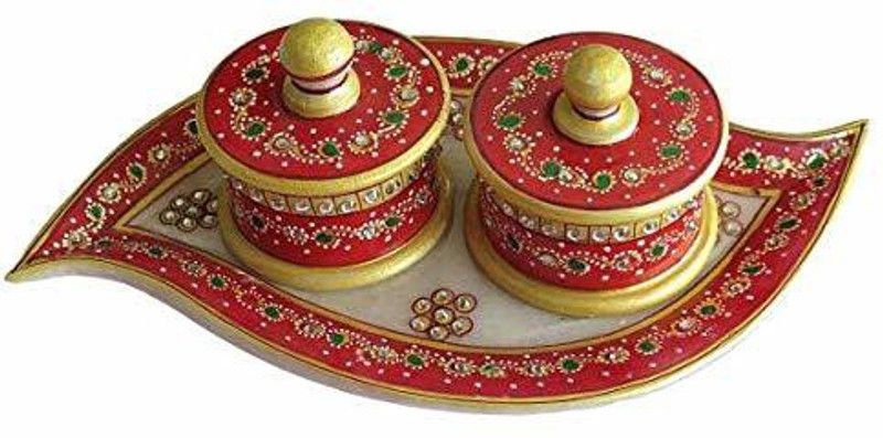 eHouse of Crafts Hand Made Curvy Shaped Kundan Meenakari White Makrana Marble Dry Fruit Boxes/Bowls Supari Daan Box with Serving Tray for Table Decor Traditional Item Decor Best Diwali Gift 11 Inch Decorative Showpiece - 8 cm  (Marble, Red)