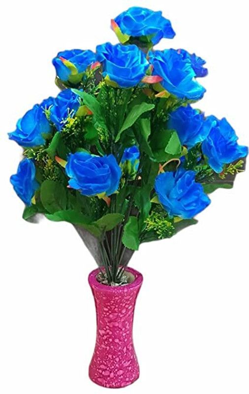SellPlus Blue, Green Rose Artificial Flower with Pot  (15 inch, Pack of 1, Flower Bunch)