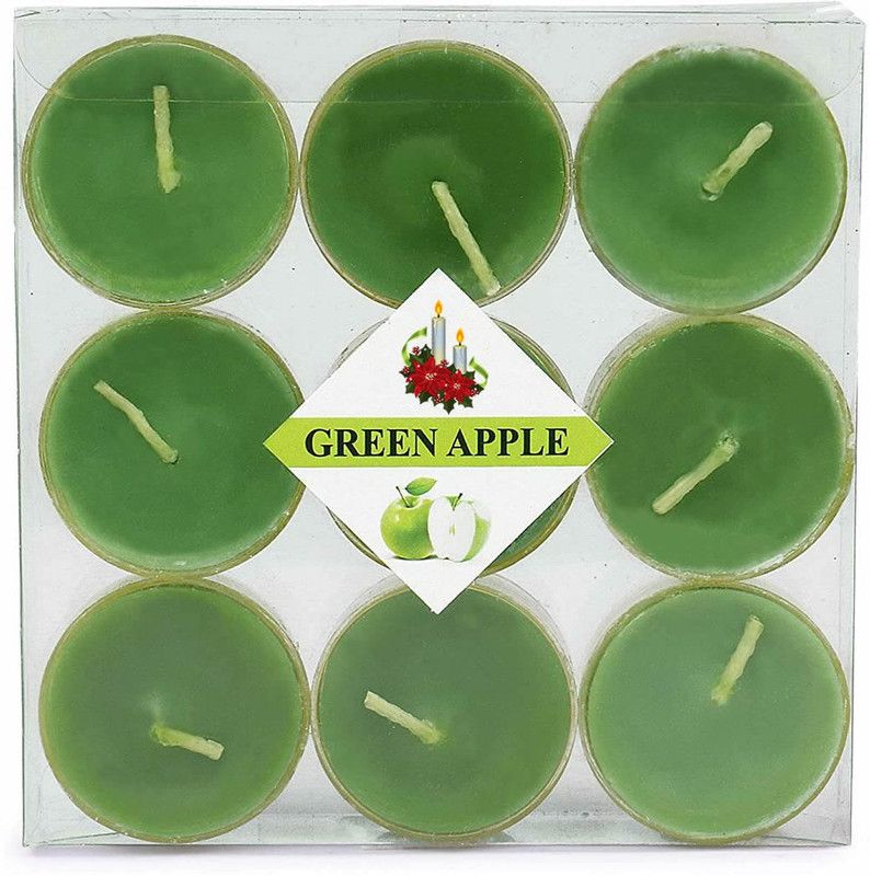 iWin Green Apple Smokeless Scented Acrylic Tealight Candles | Scented Acrylic Tealight Candle Pack of 9pc for Home Decoration and Celebrations | Burning Time 3hr-4hr Max Candle  (Green, Pack of 9)