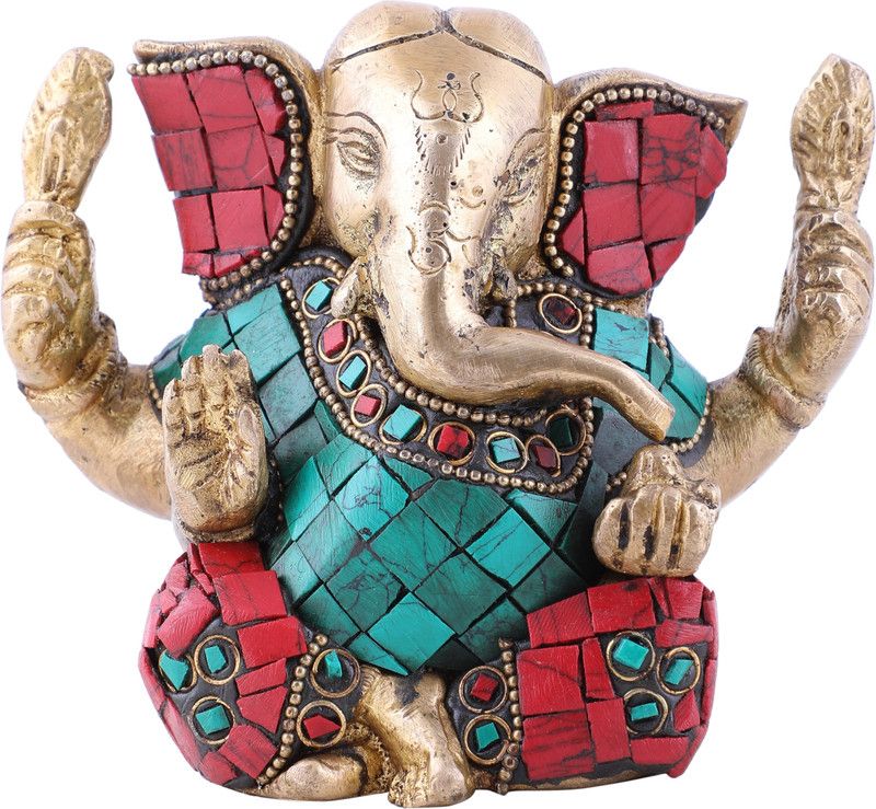 divineind Four Armed Auspicious Lord Ganesha Decorative Showpiece - 10 cm  (Brass, Multicolor)