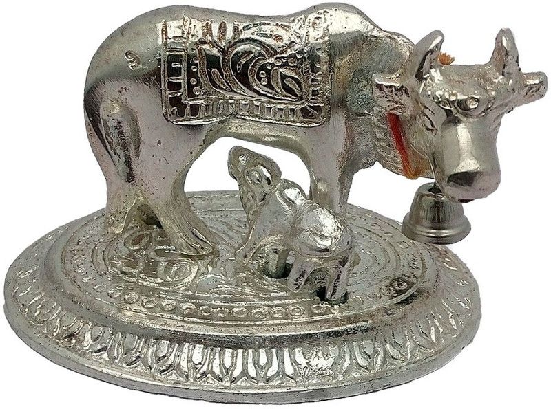 ART N HUB Cow N Calf / Kamdhenu Cow and Calf Idol Statue - White Metal Silver Plated Home Decorative Spiritual Puja Vastu Figurine for Mandir Gift Item Decorative Showpiece - 6 cm  (Aluminium, Silver)
