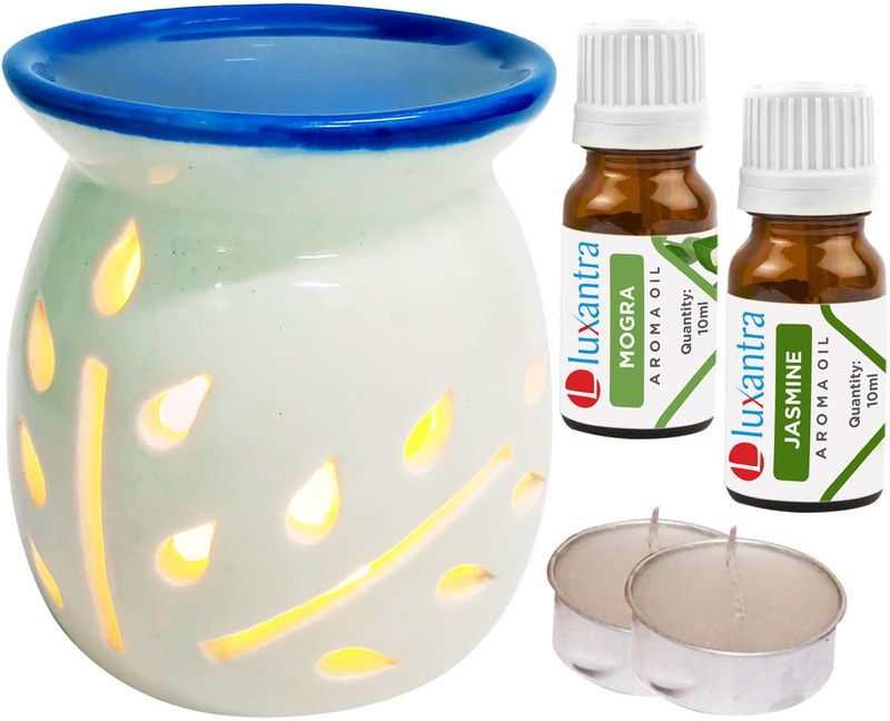 Luxantra Mogra, Jasmine Aroma Oil with Tlight Ceramic Air Freshener Home Fragrance Aroma Diffuser Set  (5 x 4 ml)