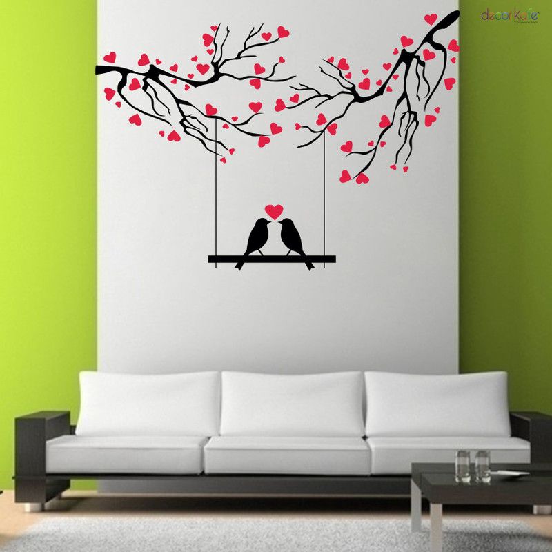 Stickers Mart 87 cm Red Love Birds Wall Art Tree Swing Sticker Couple Birds Stickers Removable Sticker  (Pack of 1)