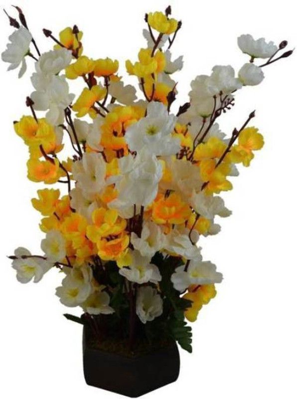 ART FLOW Yellow, White Peony Artificial Flower with Pot  (10 inch, Pack of 1, Flower with Basket)