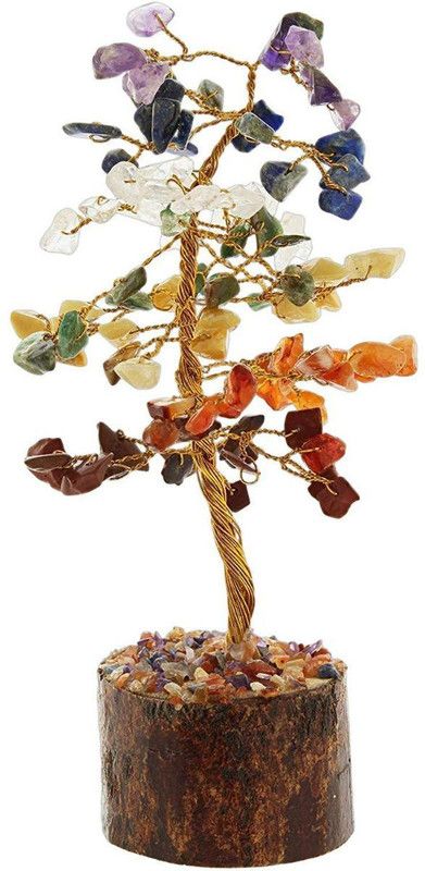 Shubhanjali Seven Chakra Stone Studded Semi Precious Tree for Vastu, 110 Beads Natural Crystal Seven Chakra Stone Tree for Home Decor, Good Luck, Golden, Housewarming Gift Decorative Showpiece - 18 cm  (Stone, Multicolor)