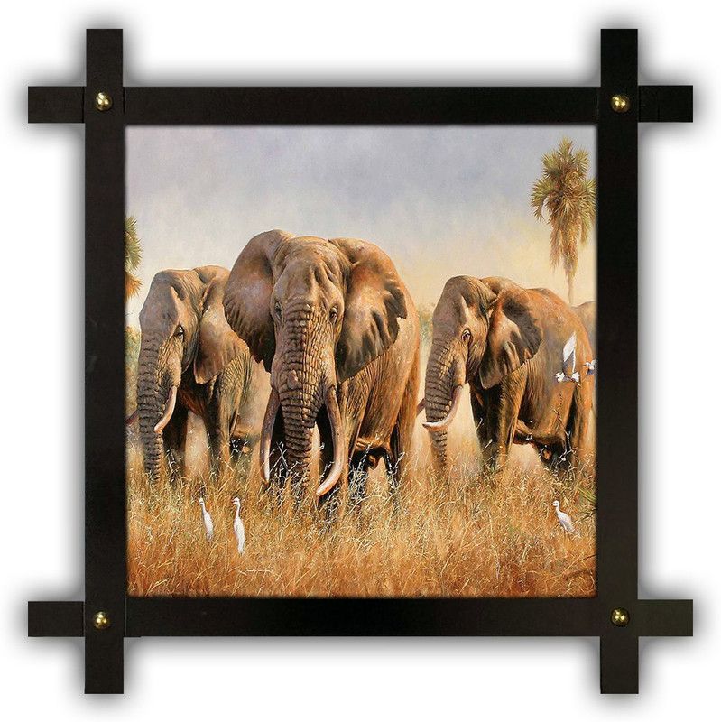 Poster N Frames Cross Wooden Frame Hand-Crafted with photo of Elephant 7006- crossframe Digital Reprint 16.5 inch x 16.5 inch Painting  (With Frame)