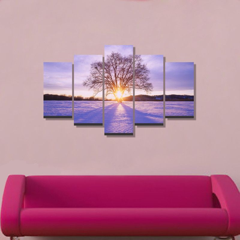 DecorStudio beautiful tree with sun set 5 Pieces Canvas Wall Painting For Home Canvas 30 inch x 24 inch Painting  (With Frame, Pack of 5)