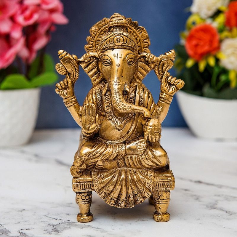 StatueStudio Ganesha Statue Ganesh Murti Ganpati Idol for Home Decor, Diwali & New Year Gift Decorative Showpiece - 6.4 cm  (Brass, Gold)