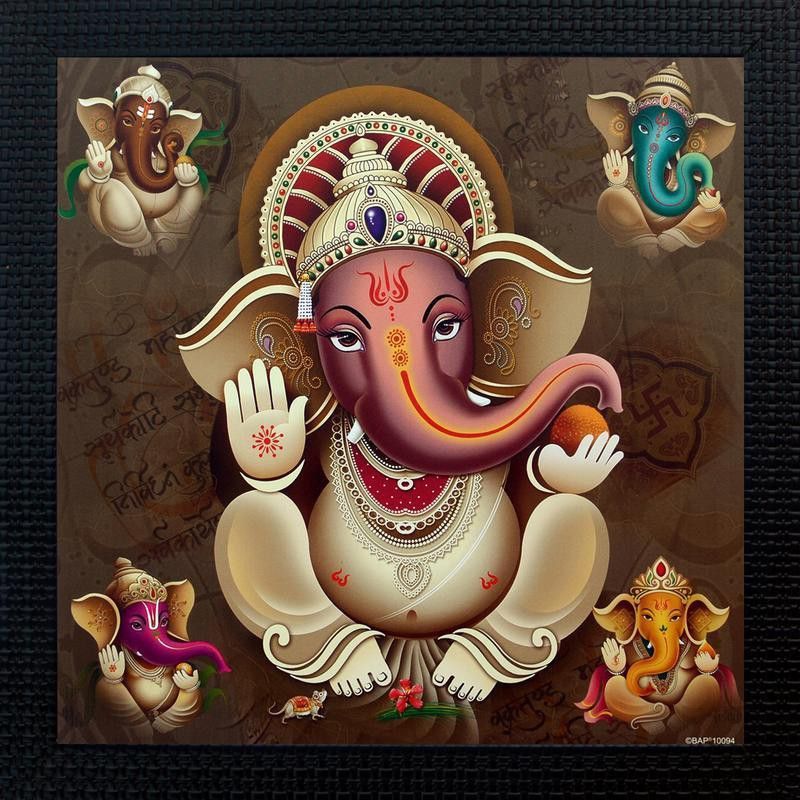 Janki God Ganeshji Wall Hanging Canvas 14 inch x 14 inch Painting  (With Frame)