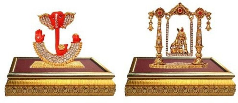 9facts Set of 2 with wooden base God Ganesh Idol Statue & Lord Krishna Idol Krishan statue God makhan chor / Balgobal Spiritual Puja Vastu Fegurine Decorative Showpiece - 10 cm  (Brass, Multicolor)