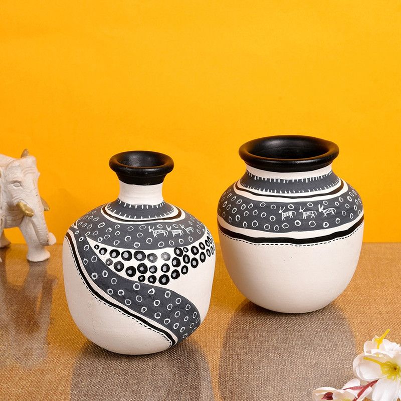 AAKRITI ART CREATIONS Terracotta Handpainted Earthen Warli White Vases Pots for Home Décor | Small Table Pot Terracotta Vase  (6 inch, White)