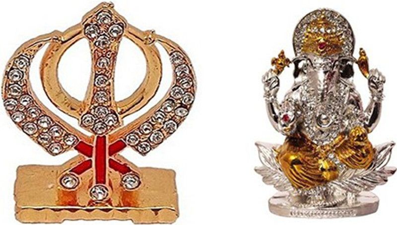 BEI Punjabi Khanda symbols of Sikh Idol and God Ganesh Decorative Showpiece - 8 cm  (Brass, Multicolor)