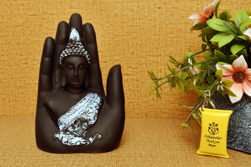 Ashamohar Palm Buddha Idol For Traditional Item Buddha Decorative Showpiece Room,Bedroom,Office, Decorative Showpiece for Home Décor Gifting Table Polynesian Idol Statue, Standard, Decorative Showpiece - 17 cm  (Polyresin, Black, Blue)