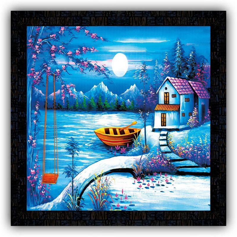 Poster N Frames framed poster of Hand Painted landscape scenery-17380 Digital Reprint 14 inch x 14 inch Painting  (With Frame)
