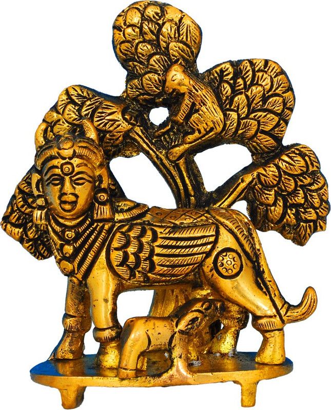 Raj Bharatham Kamdhenu Cow Along with its Calf in a Karpagavrisha Tree Decorative Showpiece - 11 cm  (Brass, Yellow)