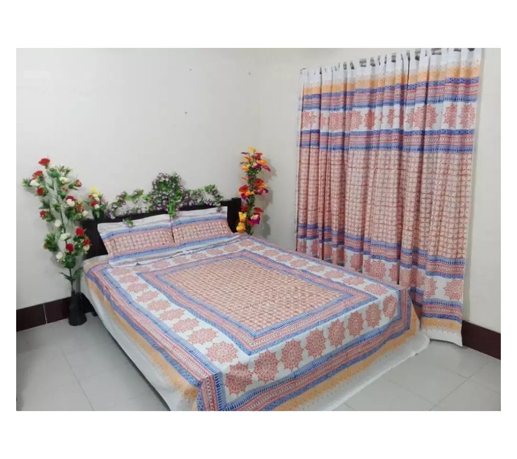King Size Cotton Multi colors Block Printed Bed Sheet with Matching 2 Pillow Covers-18