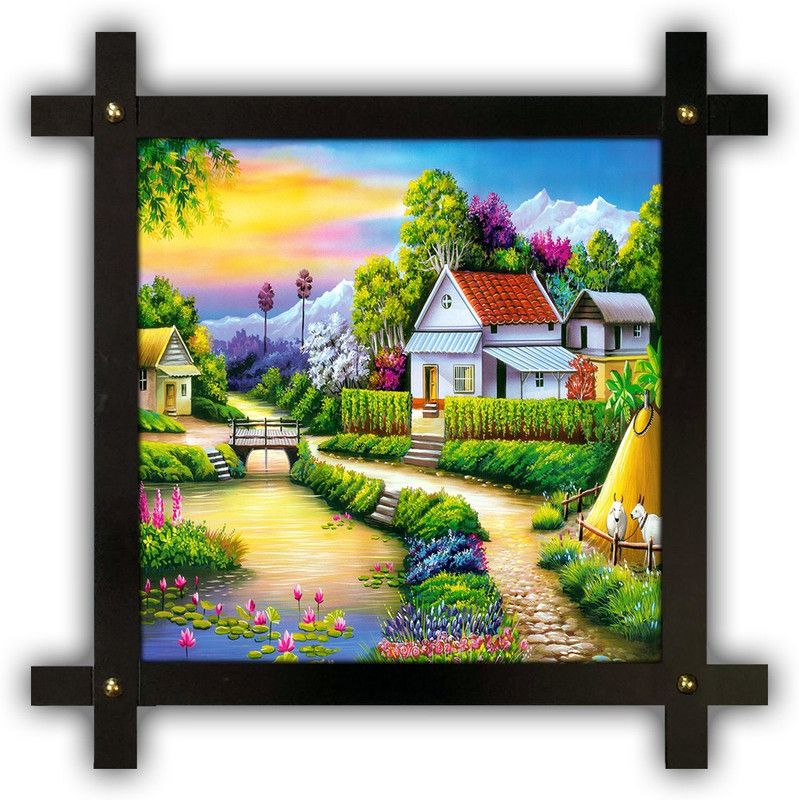 Poster N Frames Cross Wooden Frame Hand-Crafted with photo of Hand Painting Landscape Scenery 16870 Digital Reprint 16.5 inch x 16.5 inch Painting  (With Frame)