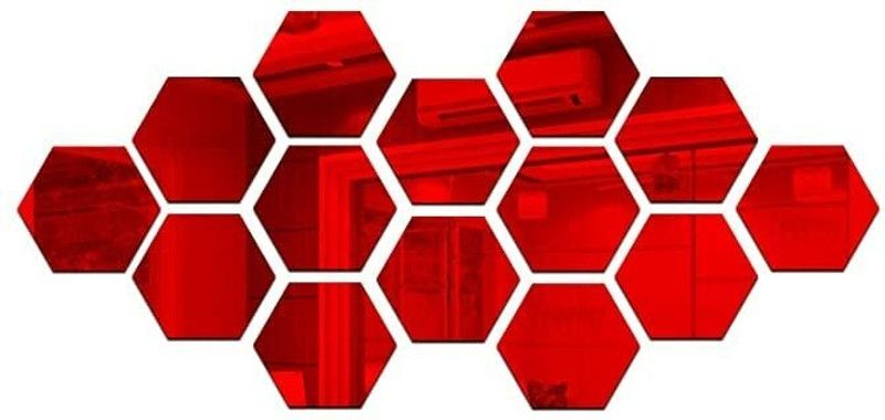 HAPPINY Hexagon mirror wall stickers, acrylic mirror wall decor sticker, Pack of 14  (Red)