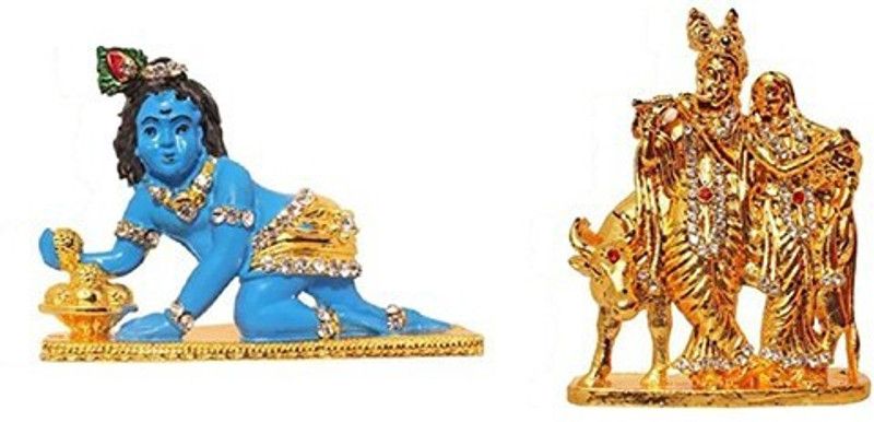 9facts Set of 2 Lord Krishna Idol Krishan statue Showpiece& Lord Radha Krishna & Cow / Radhey Krishan Couple Idol God Statue Decorative Showpiece Decorative Showpiece - 8 cm  (Brass, Multicolor)
