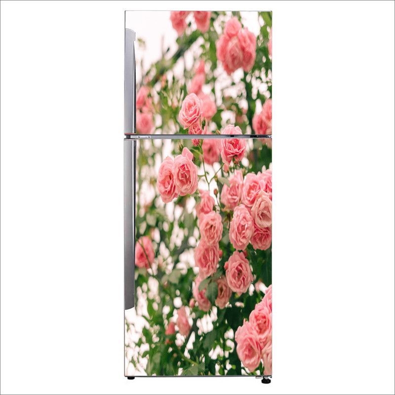 K2A Studio 60 cm Beautiful pink rose flower with green leaves fridge sticker Self Adhesive Sticker  (Pack of 1)