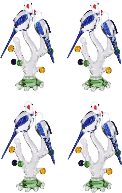 AFAST Afast Crystal Shining Clear Glass Natural Loving Birds Pair Relaxing On A Well-Favoured Tree JV6 (Set Of 4) Decorative Showpiece - 13 cm  (Glass, Clear, Blue, White)