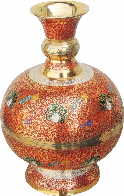 Brass Gift Center Brass Matka Shape Flower Vase With Handwork Multicolor Brass Vase  (11.2 inch, Multicolor)