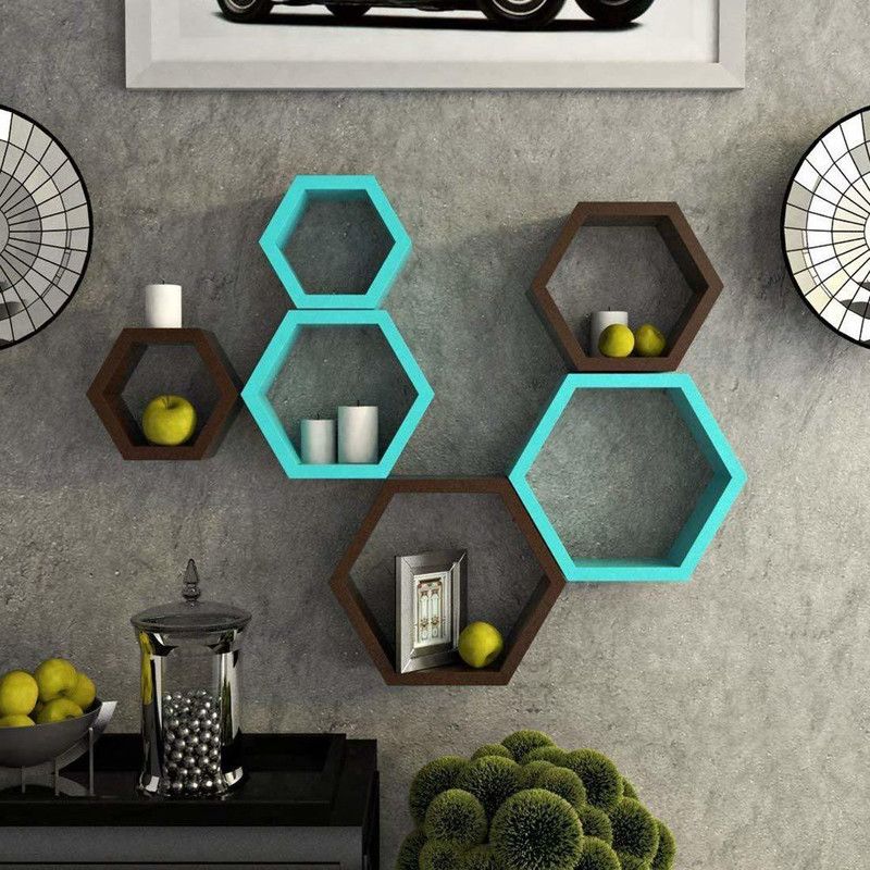 UNIQUE CRAFT HOUSE MDF Wall Mount Hexagon Floating Wall Shelf For Home and Living Decor - Brown & Blue MDF (Medium Density Fiber), Wooden Wall Shelf  (Number of Shelves - 6, Blue, Brown)