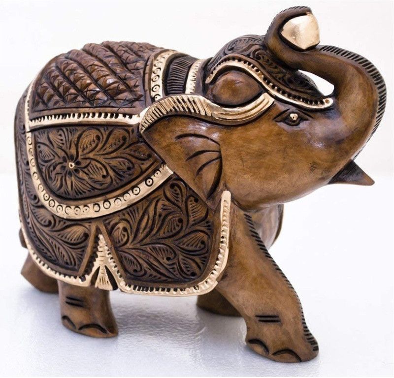 assure crafts WOODEN TRUNK UP 5' ELEPHANT Decorative Showpiece - 12.5 cm  (Wood, Brown)