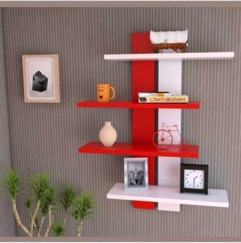oneclickshoppe Wooden Wall Shelf  (Number of Shelves - 4, Red, White)