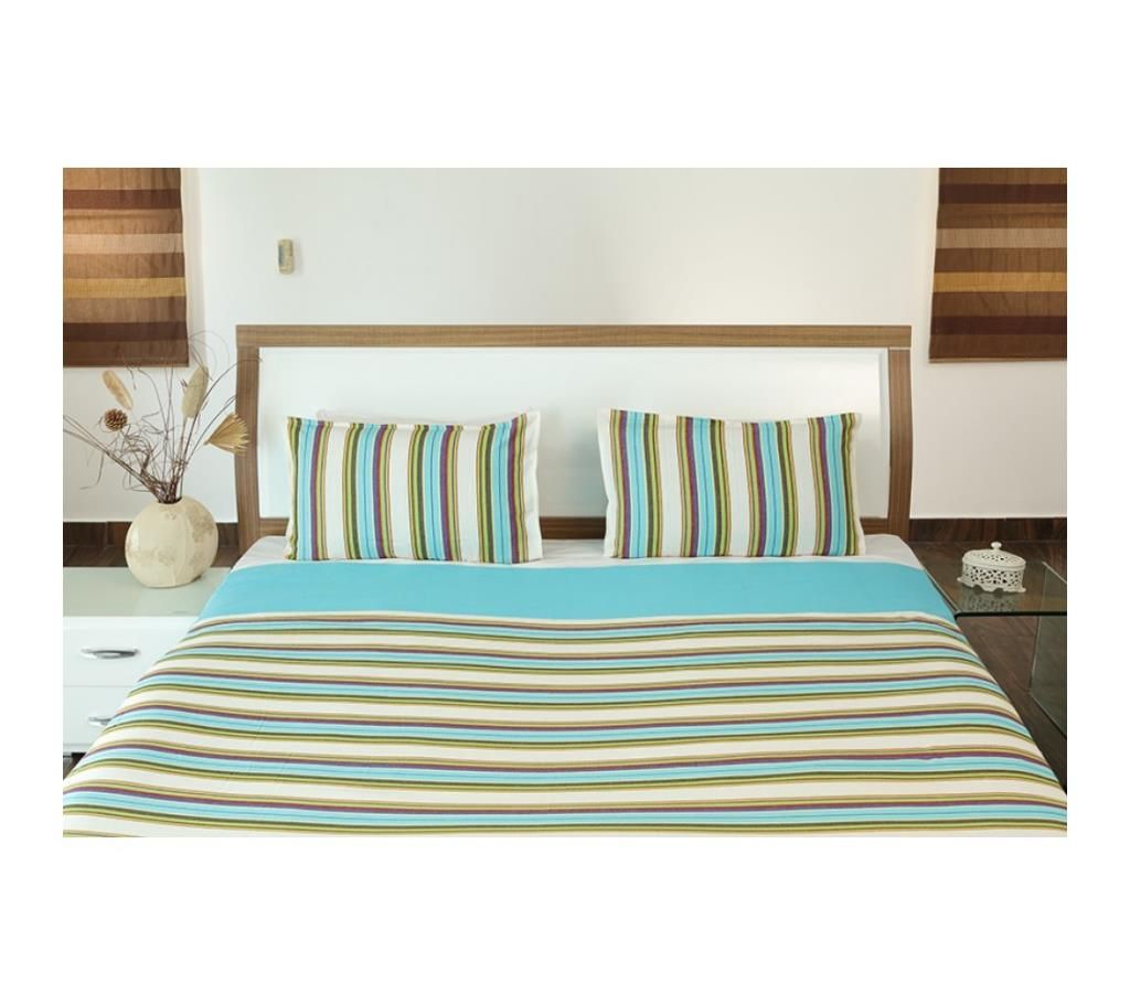 Blue and Multicolored Striped Traditional Cotton Double Bedsheet by Ivoryniche