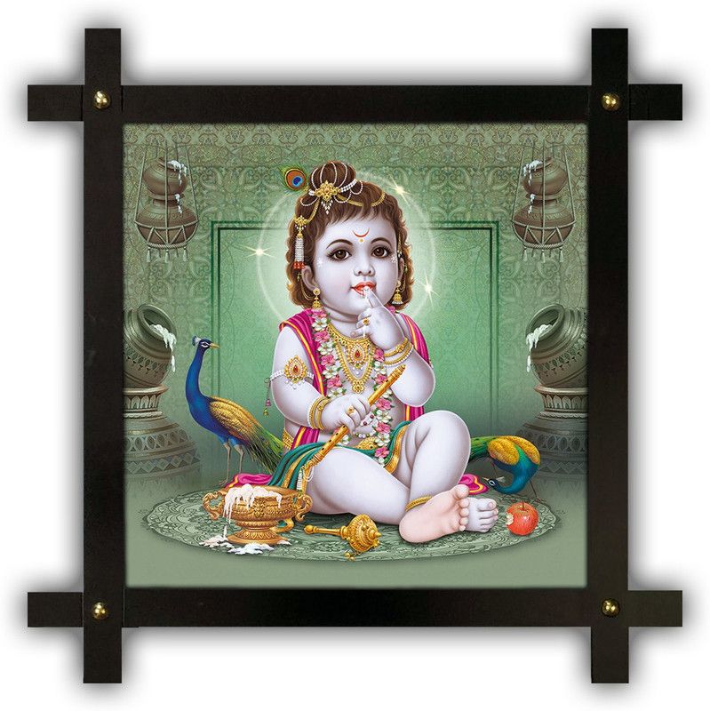 Poster N Frames Cross Wooden Frame Hand-Crafted with photo of Baby Krishna 20752-12x12-corssframe.jpg Digital Reprint 16.5 inch x 16.5 inch Painting  (With Frame)