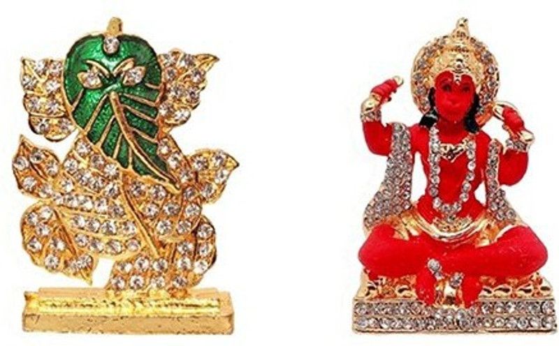 Kanhagift Set of 2 God Ganesh Idol Statue & Lord Hanuman Mandir Home Decor God Statue Gift Item Decorative Showpiece Decorative Showpiece - 6.35 cm  (Brass, Multicolor)