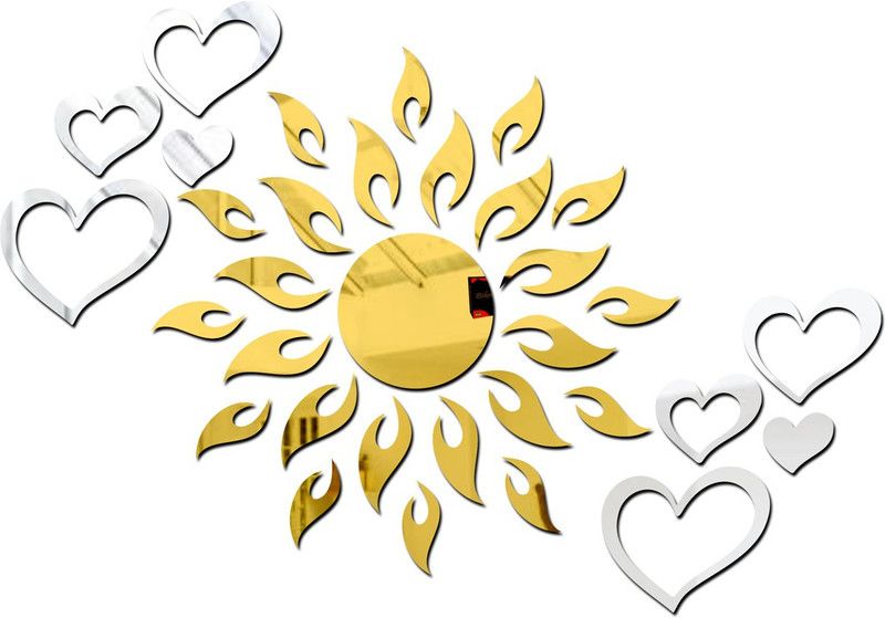 Bikri Kendra 100 cm Sun golden with love heart silver 2 set - wall stickers Self Adhesive Sticker  (Pack of 37)