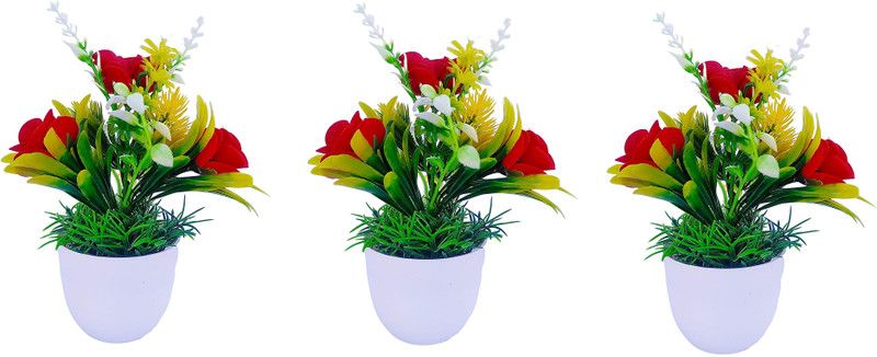 Multicolor Rose Artificial Flower with Pot  (7 inch, Pack of 3)