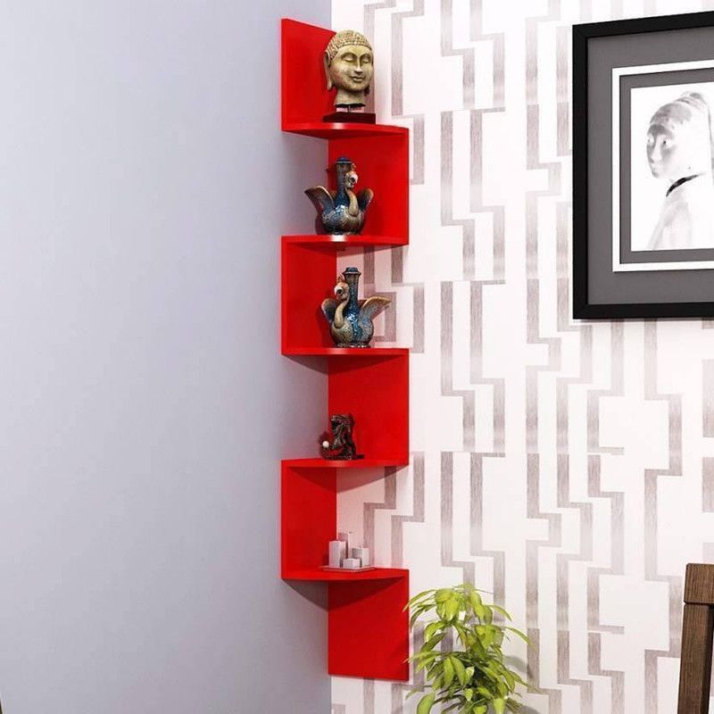 KraftStics Wooden Wall zig zag shelf( No. Of Shelf 5 red) MDF (Medium Density Fiber) Wall Shelf  (Number of Shelves - 5, Red)
