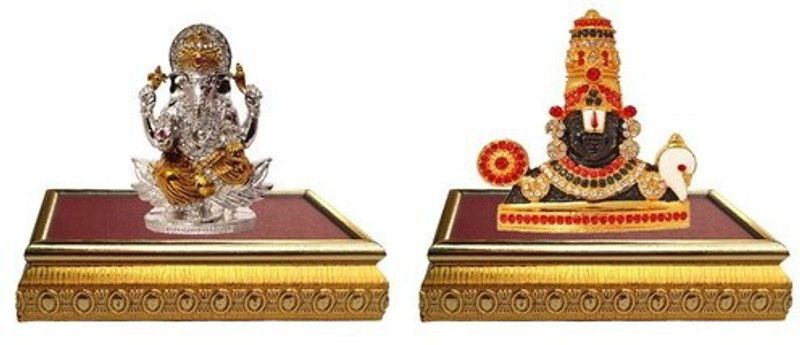 BEI Set of 2 with wooden base God Ganesh Idol Statue & Lord Venkateswara Thirupathi Balaji/ Tirupati Idol God Statue Decorative Showpiece Decorative Showpiece - 10 cm  (Brass, Multicolor)