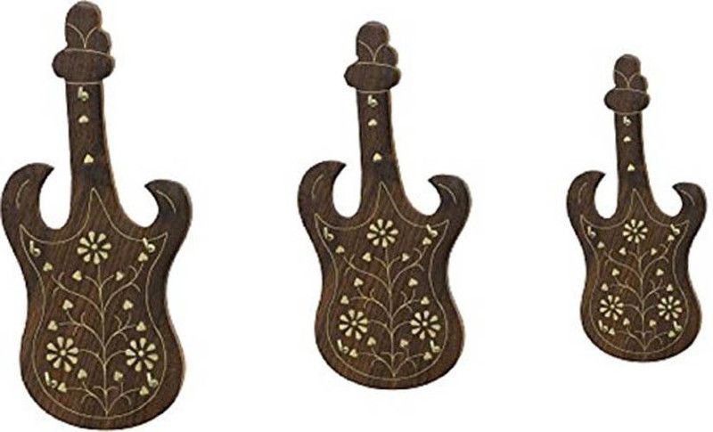WoodCart Guitar Set of Three Full Brass Inlaid Design Guitars H@ndmade Wood Key Holder  (15 Hooks, Brown)