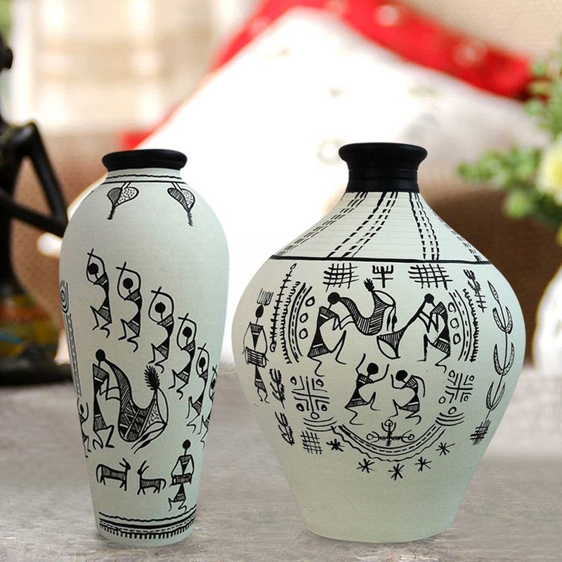 ExclusiveLane Combo of 2 Warli Art Handpainted Matki & Round Shaped Terracotta Vase  (6 inch, White)